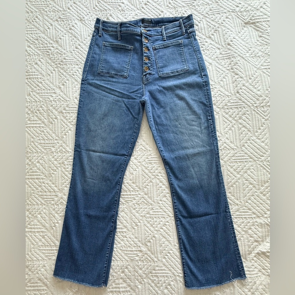 Mother Denim High-Rise Button-Fly Women’s Hustler Ankle Jeans in Medium Blue
